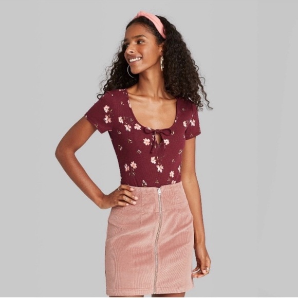 Wild Fable Women's Burgundy Floral Short Sleeve Bodysuit - Picture 3 of 10